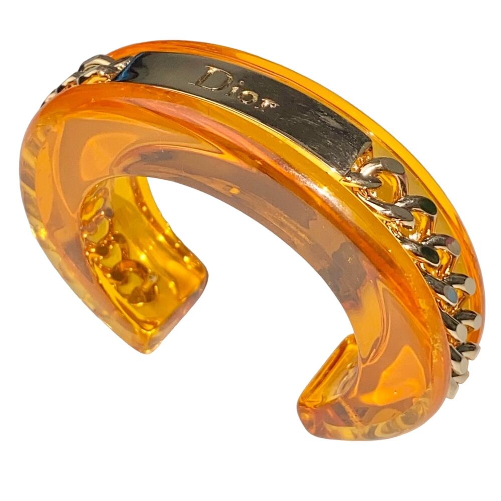 AUTH VTG Christian Dior Orange Lucite Gold Chain Nameplate Logo Cuff Bracelet - Picture 5 of 15